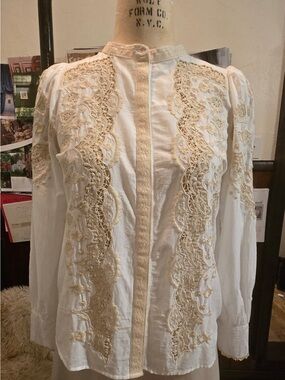 Sezane Embroidered Lace Panel Cream and White Blouse